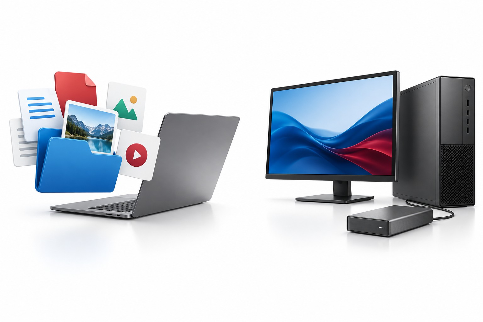 Selected documents and photos beside a complete desktop setup, illustrating file backups and full computer images.