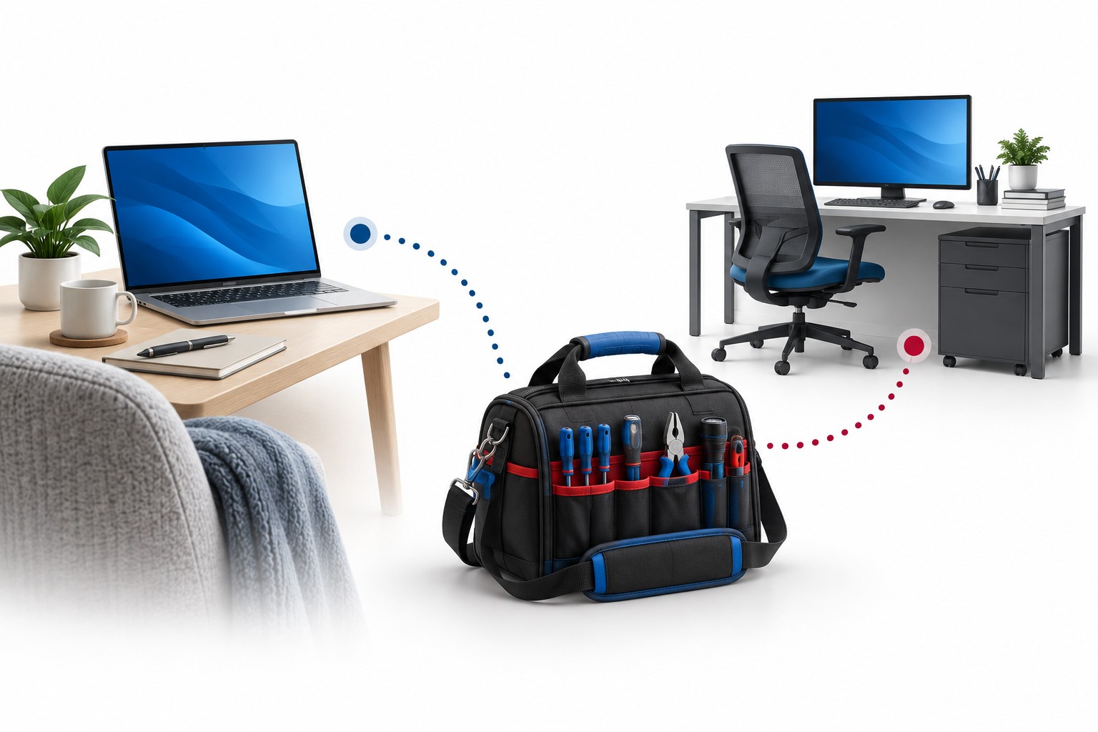 Home laptop and office workstation connected to a technician’s tool bag, representing remote and on-site computer help.