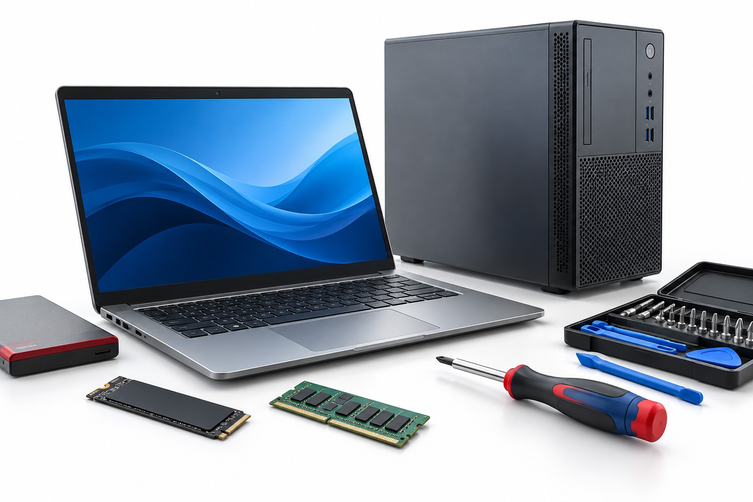 Laptop, desktop computer, storage, memory, and tools illustrating computer repair for homes and businesses.
